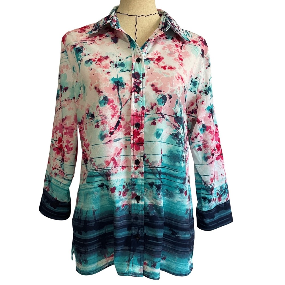 Alia Button Front Blouse Pink Blue Watercolor Women's Medium